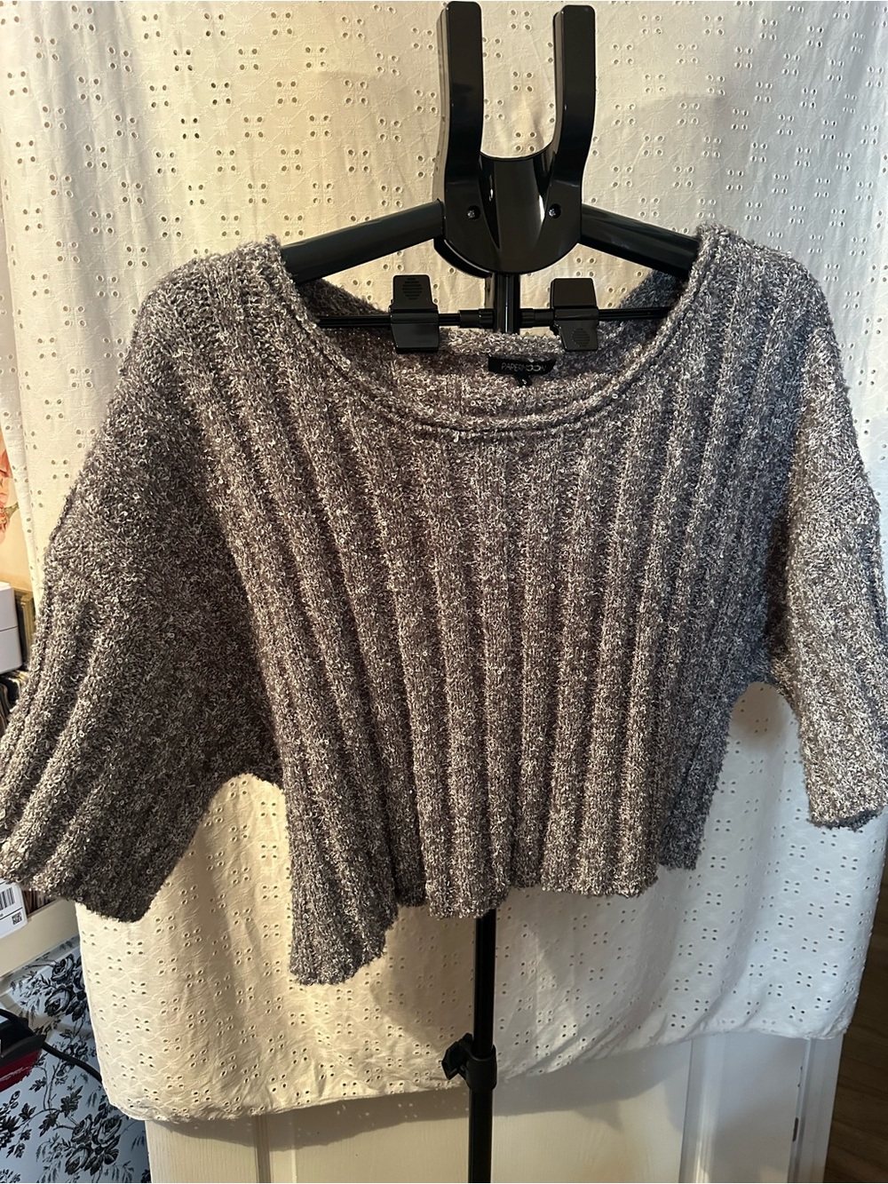 Papermoon Gray Ribbed Cropped Crewneck Sweater